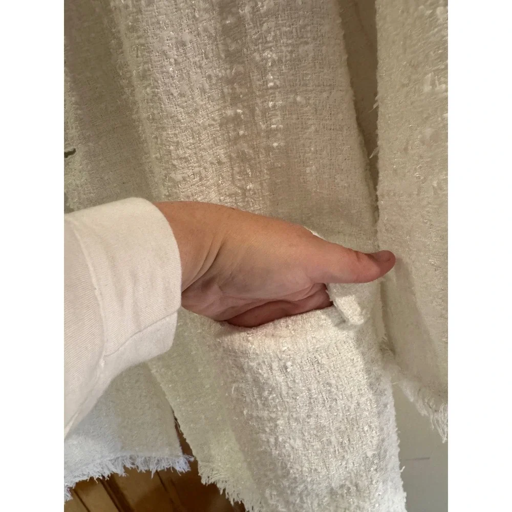 BB Dakota Tweed Coat Cream Frayed Edge Jacket Long Blazer Womens Medium - Picture 6 of 9